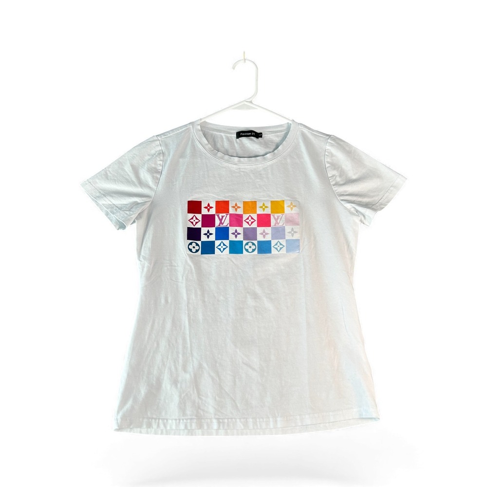 Fashion‎ 21 Women White Rainbow Monogram Graphic T Shirt Size L